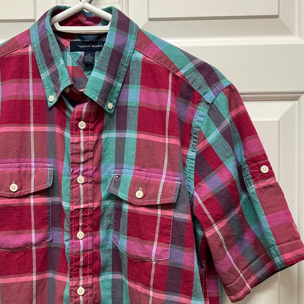 Tommy Hilfiger short sleeve button down cotton shirt, plaid, pink, green, L